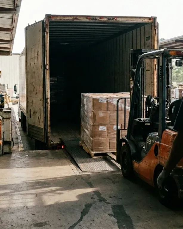 Forklift loading a pallet of boxes into a 53-foot trailer at the dock
